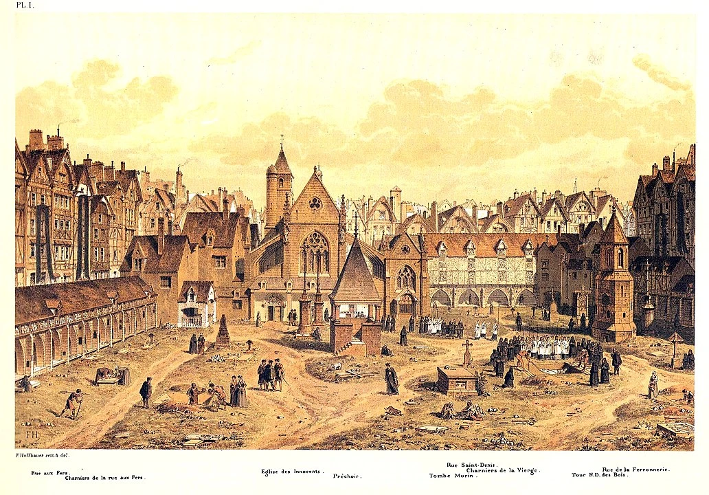 The cemetery of the innocent in Paris in the 17th century. Illustration chosen by monsieurdefrance.com: By Theodor Josef Hubert Hoffbauer - Own work, scan by Jebulon, Public domain Wikicommons