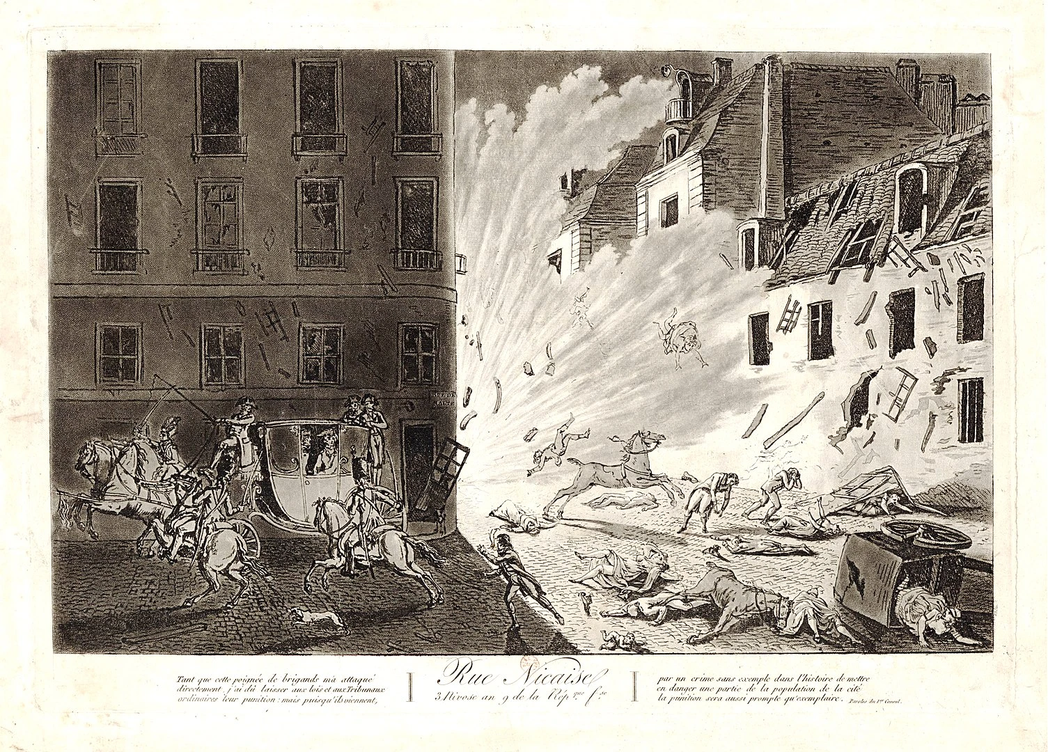 L'attentat de la rue Saint Nicaise vise Napoléon sur la route de l'Opéra à la demande de sa femme Joséphine qui veut se distraire. Gravure d'époque. 