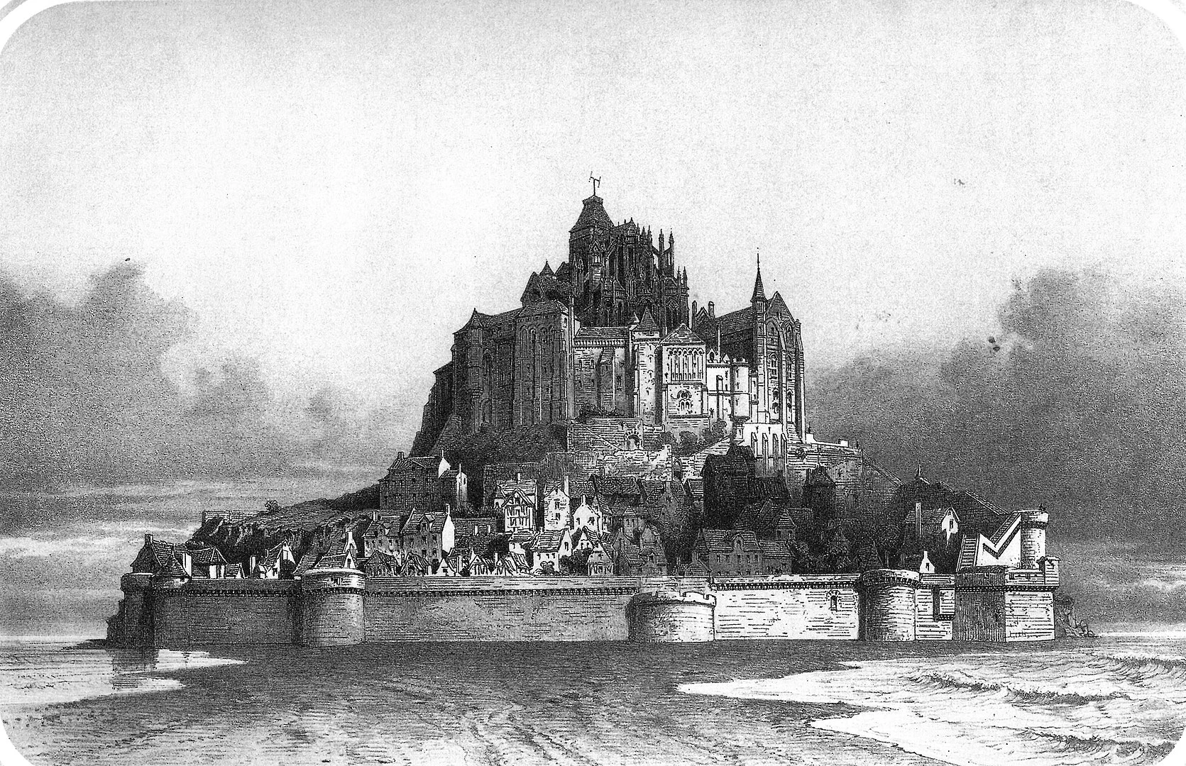 Le Mont Saint Michel dessiné en 1856 par Thomas Drake. 