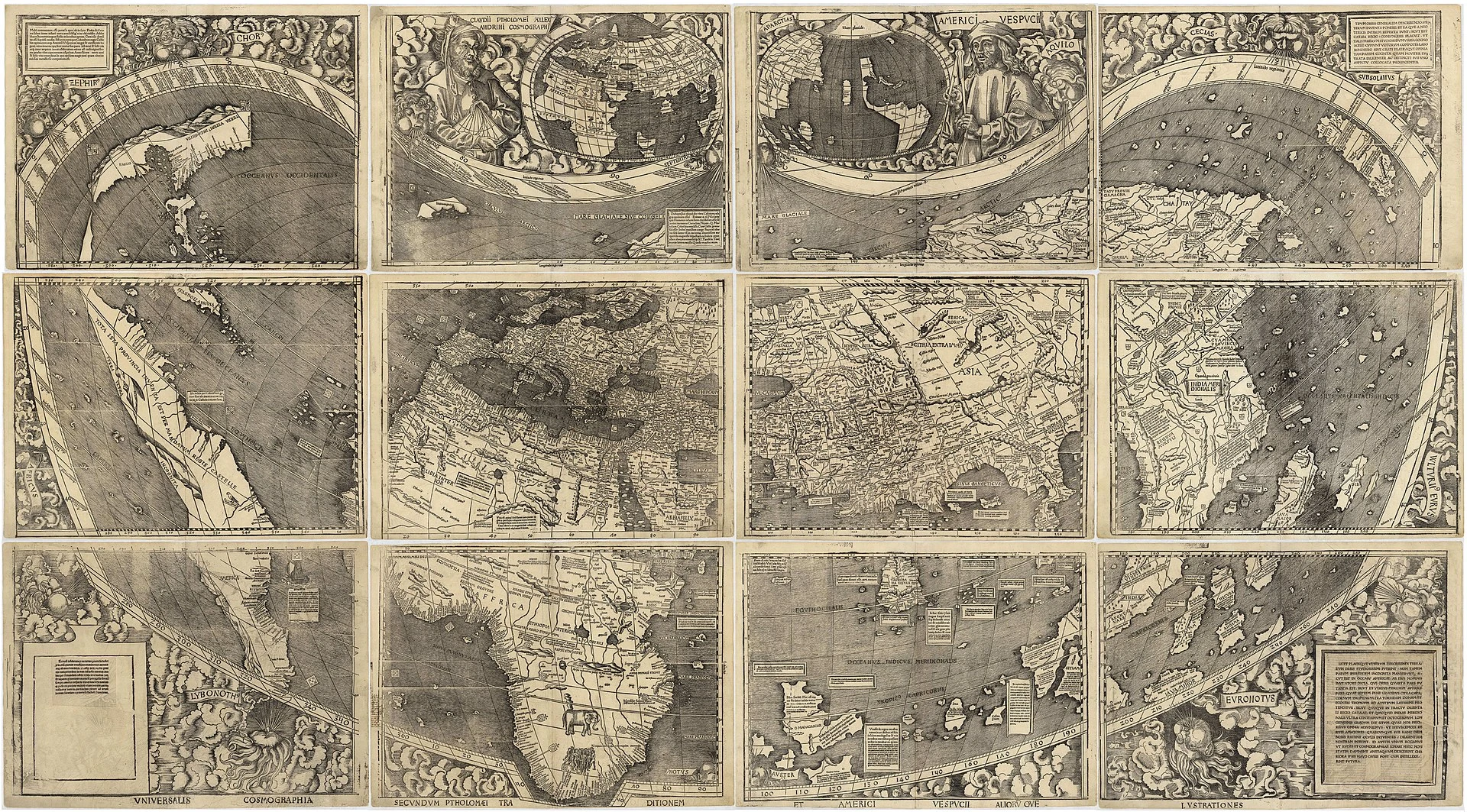 El planisferio de Waldseemüller se dibujó por primera vez en Saint Dié des Vosges en 1507. La versión más antigua se encuentra en Washington D.C. La isla de la parte inferior izquierda es América.