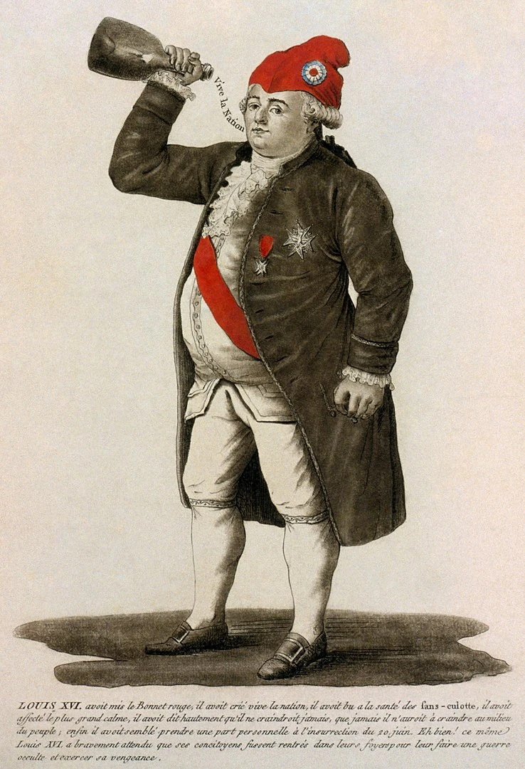Louis XVI coiffé du bonnet phrygien au moment de la première prise du château des tuileries en 1792. Image choisie par monsieurdefrance.com ; eau forte d'époque. 