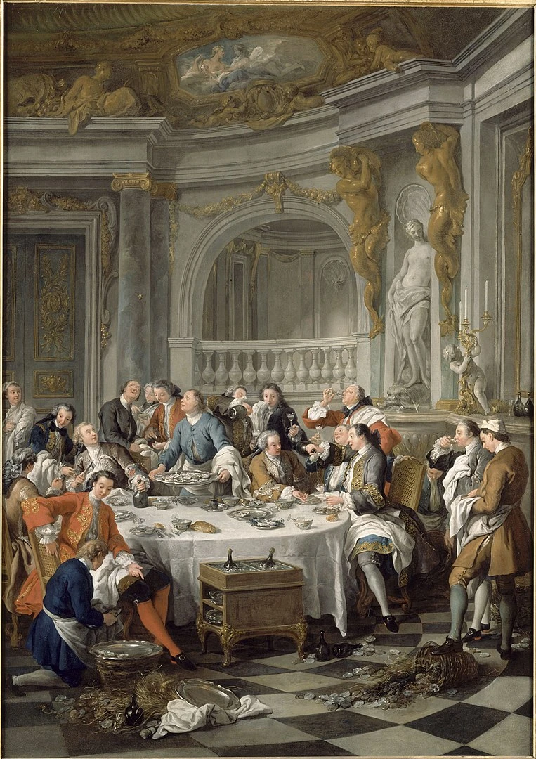 La première représentation d'une bouteille de champagne dans un tableau : le déjeuner aux huîtres par Jean François de Troy (1734).