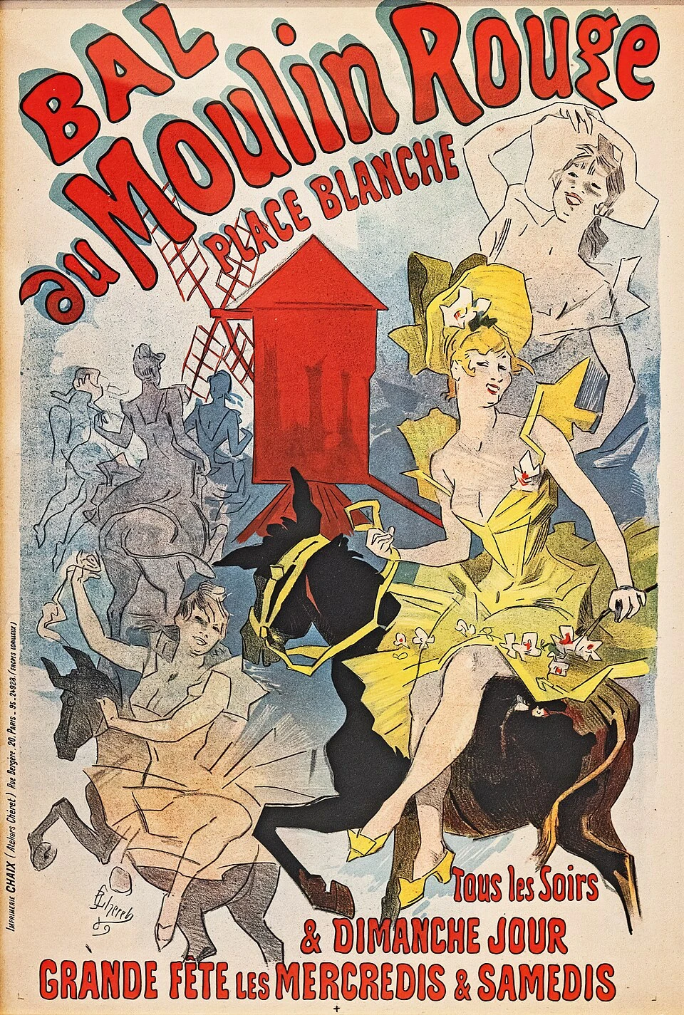 Bal au Moulin Rouge, célèbre affiche de Jules Chéret (1889), aux couleurs vives et au style flamboyant, image choisie par monsieurdefrance.com.