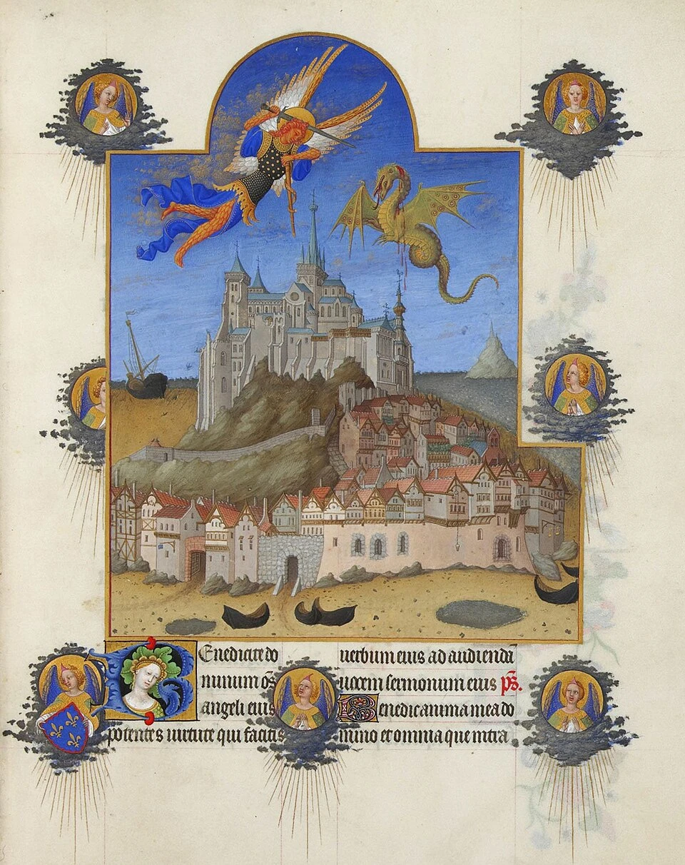 Saint Michel veille sur le Mont Saint Michel, seul bastion français face aux anglais au nord de la Loire / Image choisie par Monsieur de France : Par Frères de Limbourg (Herman, Paul et Jean), Domaine public, https://commons.wikimedia.org/w/index.php?curid=109071