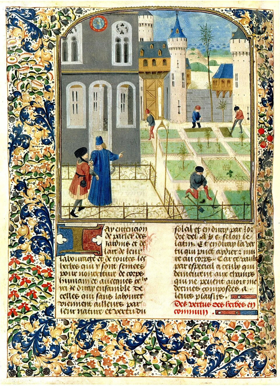 L’art du jardin au Moyen Âge, illustration attribuée à Pier de Crescenzi, montrant l’organisation des jardins, la culture des plantes et les savoirs horticoles médiévaux, témoignage précieux des pratiques agricoles et médicinales de l’époque. Photo choisie par monsieur-de-france.com.
