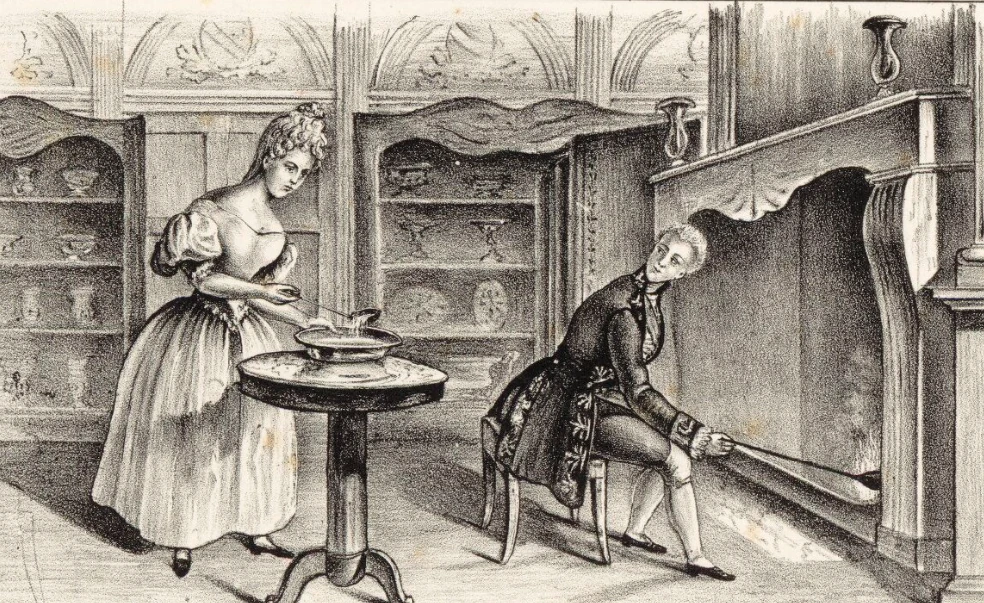 L'art de faire des beignets au 18e siècle. Vue satyrique via Gallica.fr / BNF.