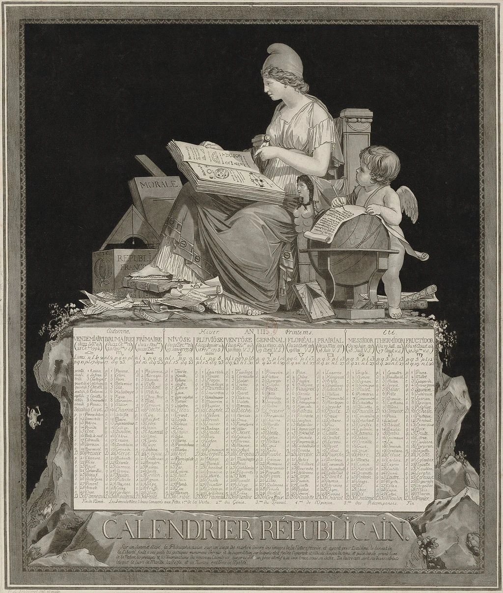 Le calendrier républicain de l'AN III (1795) par Louis Philibert Debucourt via Wikimedia Commons