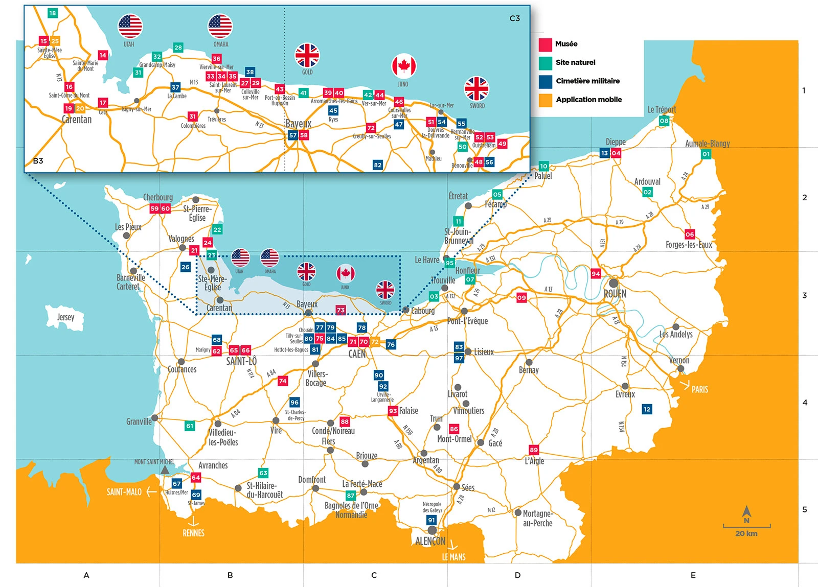 La carte, très bien faite par Normandie Tourisme, qui présente les sites à voir en rapport avec la Bataille de Normandie. Copie d'écran Normandie Tourisme. 