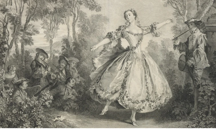 Mademoiselle Camargo, estampe de Laurent Cars, d’après Nicolas Lancret, 1731. Image choisie par Monsieurdefrance.com via Gallica.fr