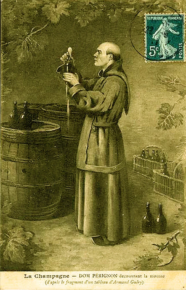 Dom Pérignon imaginé au début du XXe siècle / Image choisie par Monsieurdefrance.Fr : Carte postale d'après un tableau d'Armand Guery