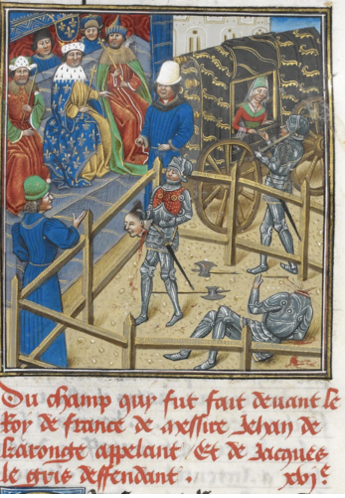Illustration choisie par Monsieurdefrance.com : la fin du duel de Jean IV de Carrouges et la mort de Jacques Le Grix. Image peinte au moyen-âge. 