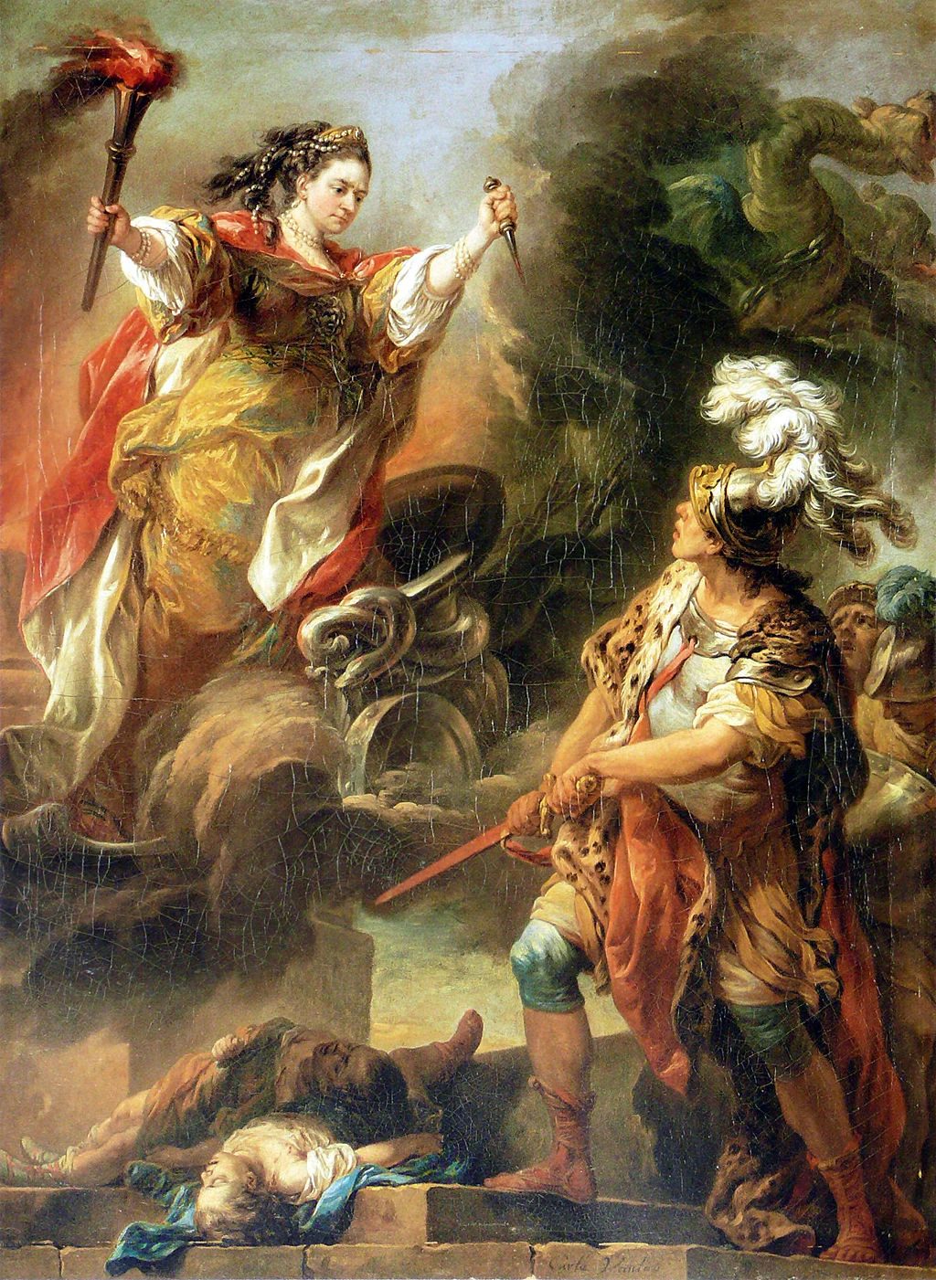 "La Clairon", grande comédienne (et courtisane) du XVIIIE siècle représentée par le peintre Van LOO en Médée (XVIIIe siècle). Image choisie par monsieurdefrance.com : Public domain Wikimedia Commons.