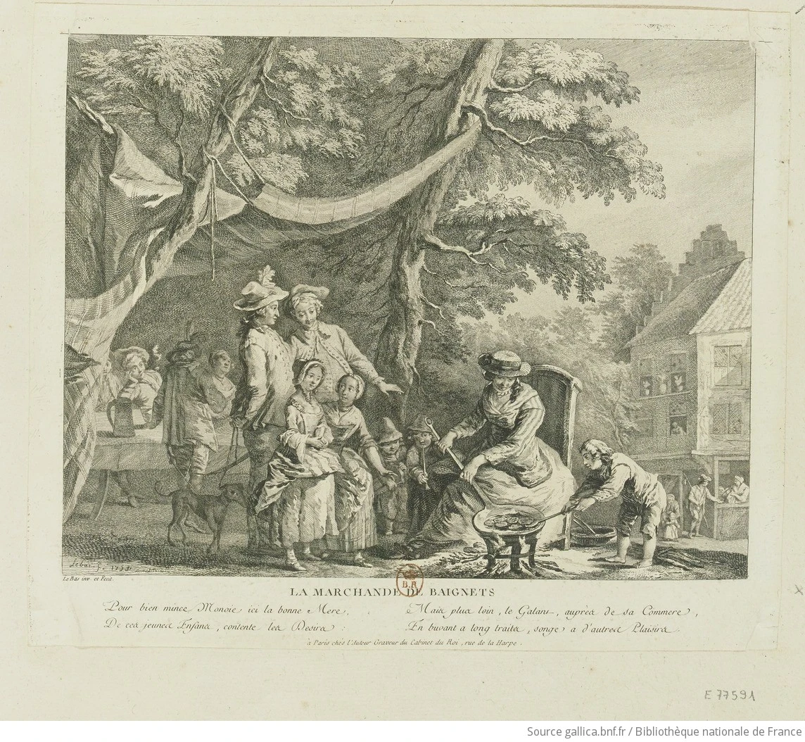La marchande de beignets. Image choisie par monsieurdefrance.com : gravure du XVIIIe siècle via Gallica.fr / BNF. 