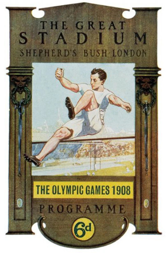 De officiële poster voor de Olympische Spelen van Londen in 1908. In dit jaar werd de Marathon gelanceerd. Het was lang genoeg om de Royal Box te bereiken en is sindsdien niet meer veranderd. Foto gekozen door monsieurdefrance.com: Wikipedia.