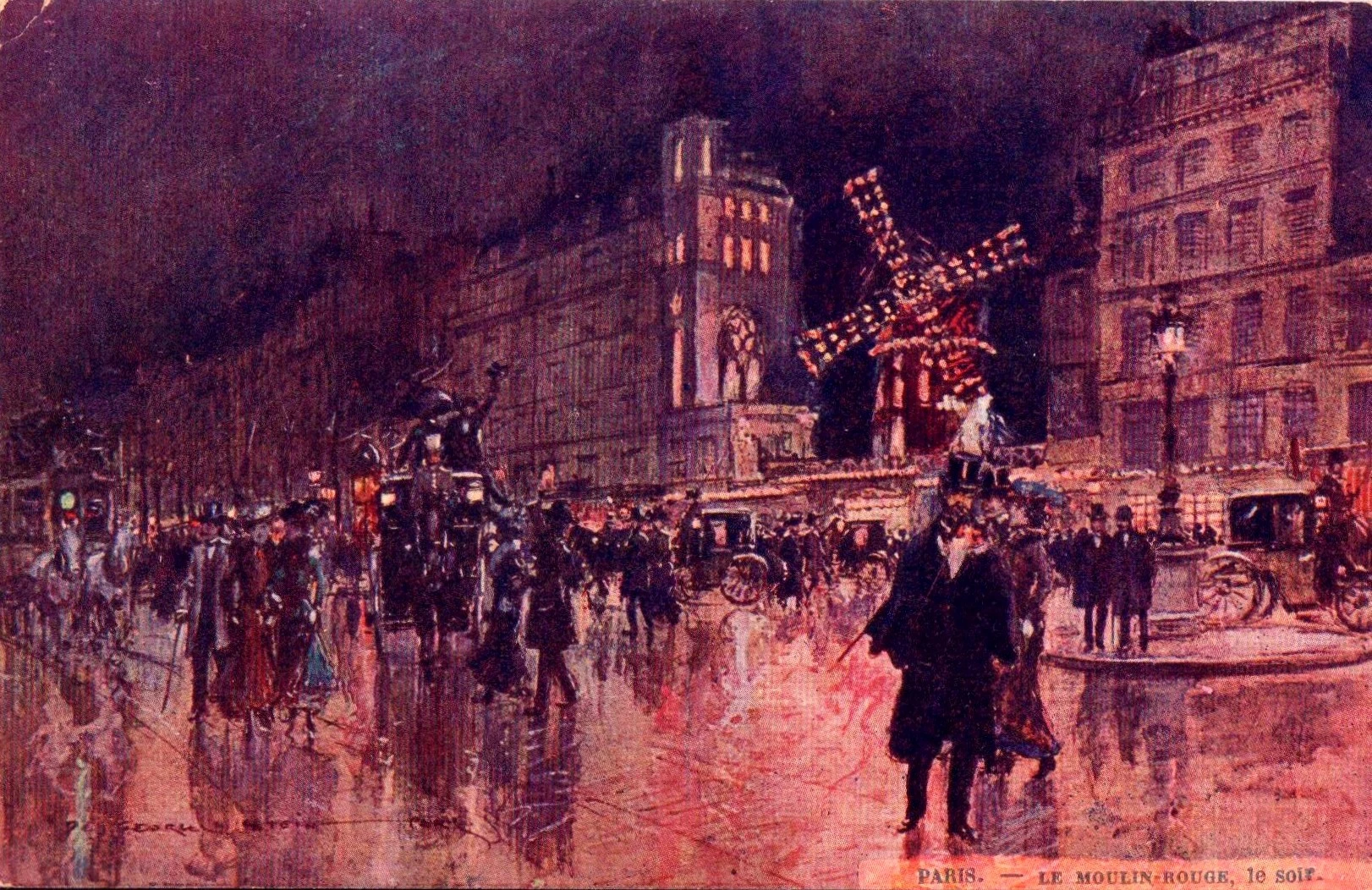 Tableau du Moulin Rouge de nuit (vers 1910), scène parisienne animée aux lumières rouges et vives, image choisie par monsieurdefrance.com.