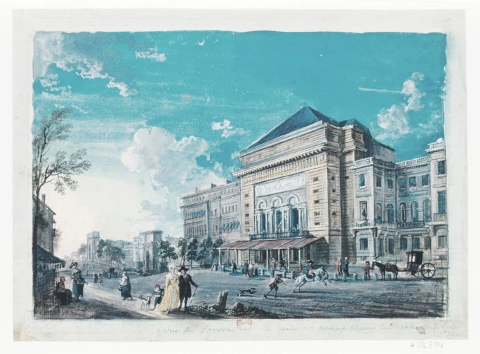 Le théâtre de la Porte Saint Martin en 1791. Image choisie par monsieurdefrance.com : Par Jean-Baptiste Lallemand — Bibliothèque nationale de France, Domaine public / Gallica.fr
