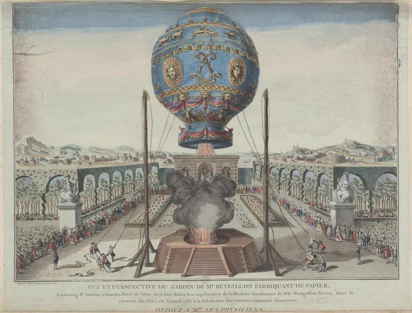 Le premier vol d'être humain s'est fait dans ce genre de montgolfière en 1783. Photo choisie par monsieurdefrance.com : Claude-Louis Desrais, Public domain, via Wikimedia Commons