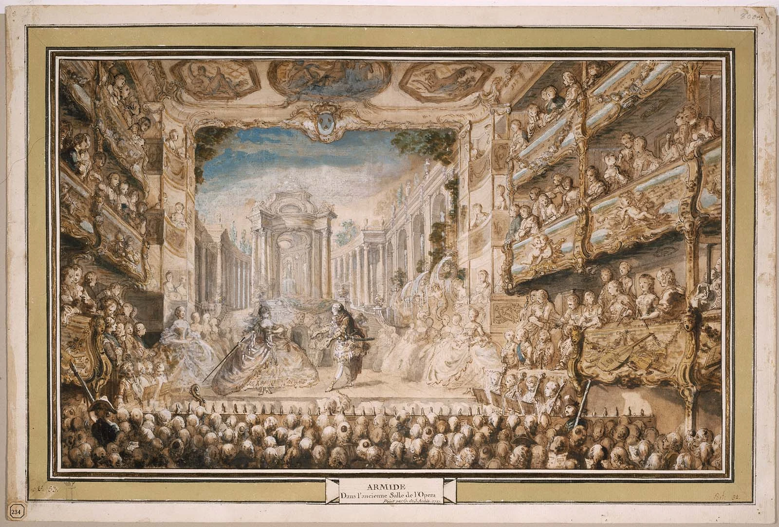 L'intérieur du premier opéra du Palais Royal en 1761 lors d'une représentation d'un pièce de Lully. Source de monsieurdefrance.com : Wikicommons.