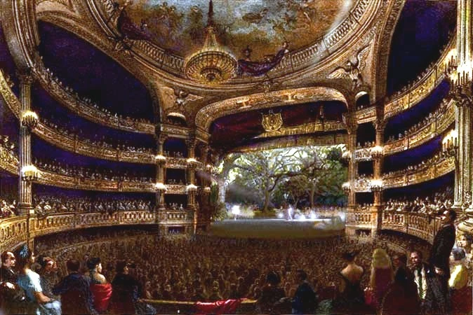 La grande salle de l'opéra Le Peletier en 1864. Concue comme provisoire, elle reproduisait exactement celle de l'opéra de la rue de Richelieu. Elle a duré plus de 50 ans. 